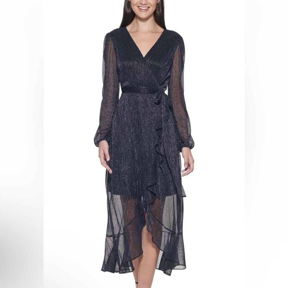 Kensie Metallic Crinkle Navy Blue Belted Faux Wrap Ruffle Midi Dress Size 2 NWT